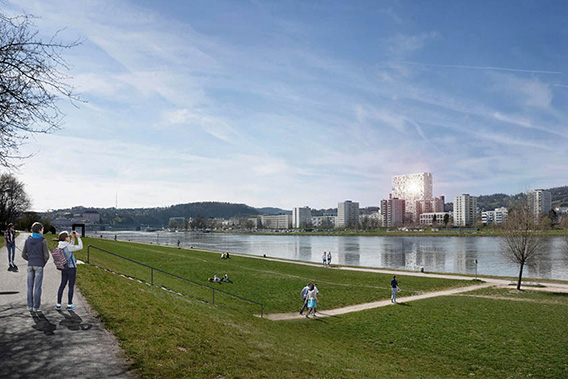 Keine Angst vor Größe: Wohnhochhaus mit integrierter Schule am Areal der ehemaligen Anton-Bruckner-Universität in Linz. Abbildung: MISS3. © SWA